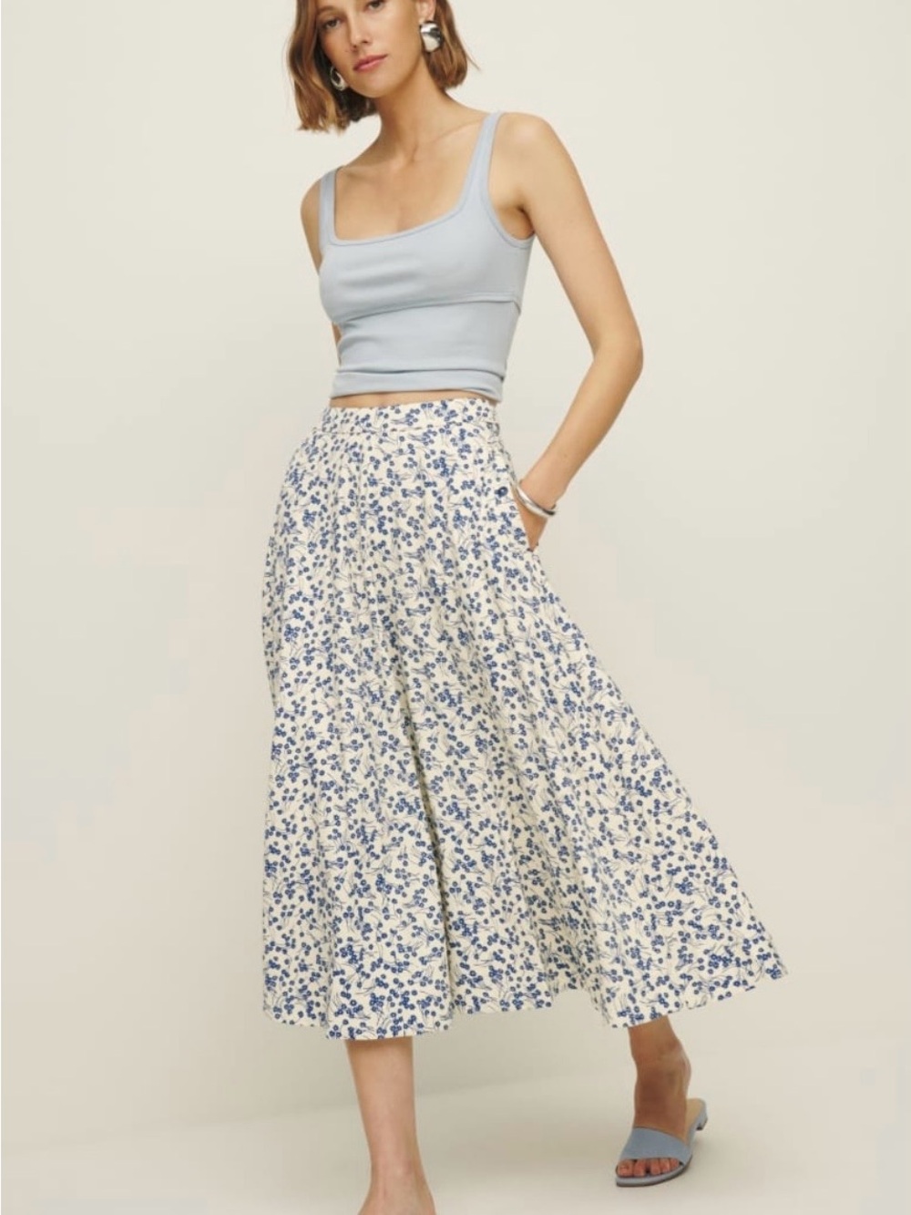 Reformation Maia Skirt - Cream Midi Skirt with Blue Floral Print